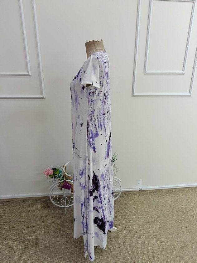 Rochie lungă cu mâneci scurte, guler V, cu model, jersey, 37508