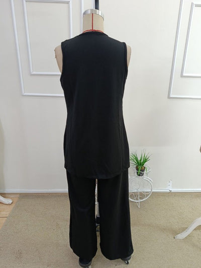 Set două piese vestă și pantaloni din crep Janjan pentru femei, fără mâneci, cu guler deschis în față și buzunare, 36464