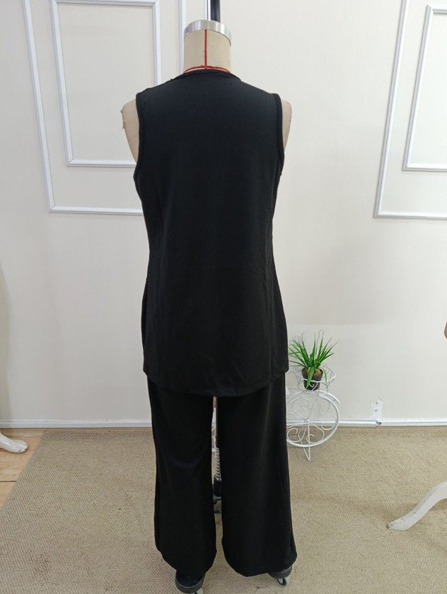 Set două piese vestă și pantaloni din crep Janjan pentru femei, fără mâneci, cu guler deschis în față și buzunare, 36464