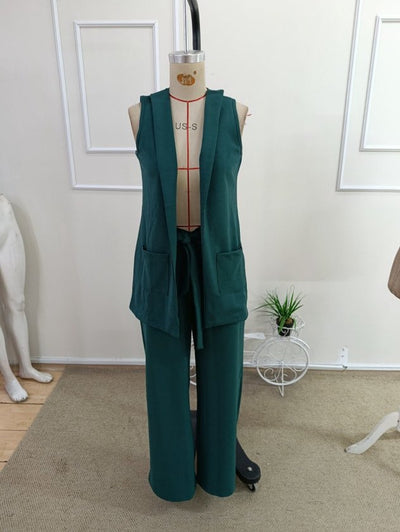 Compleu feminin fără mâneci, guler deschis, cu buzunare, veston și pantaloni din Janjan Krep, 36465