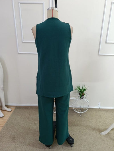 Compleu feminin fără mâneci, guler deschis, cu buzunare, veston și pantaloni din Janjan Krep, 36465