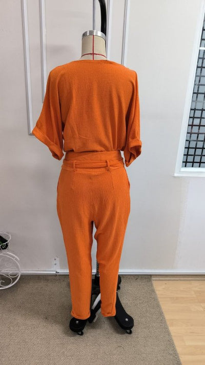 Kadın Kısa Kollu Yakalı önden Düğmeli Bürümcük Bluz Ve Pantolon Ikili Takım , 34914