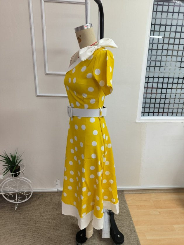 Rochie Midi Țesută, cu Buline, cu Cordon, Decolteu Asimetric pe un Umăr și Detaliu Bandă pe Celălalt Umăr, 34917