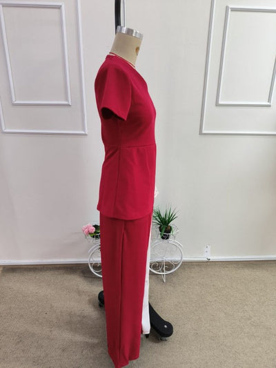 Set două piese bluză și pantaloni din jan creponat, cu mânecă scurtă, decolteu în V asimetric, cu nasturi laterali, pentru femei, 34919