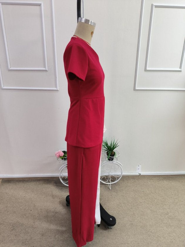 Set două piese bluză și pantaloni din jan creponat, cu mânecă scurtă, decolteu în V asimetric, cu nasturi laterali, pentru femei, 34919