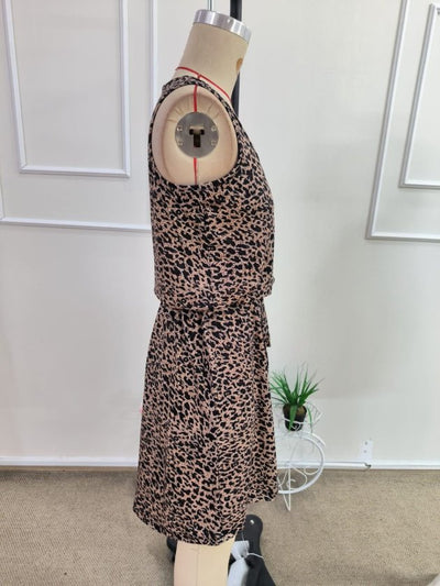 Kadın Askılı Yuvarlak Yakalı Beli Kusaklı Leopar Desenli Kısa Süprem Elbise, 35225