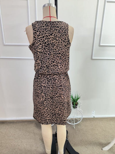 Kadın Askılı Yuvarlak Yakalı Beli Kusaklı Leopar Desenli Kısa Süprem Elbise, 35225