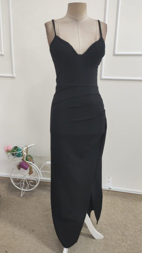 Rochie Lungă din Crepon Janjan pentru Femei, Atârnată cu Șiret, Guler V Adânc, Despicături, 34984