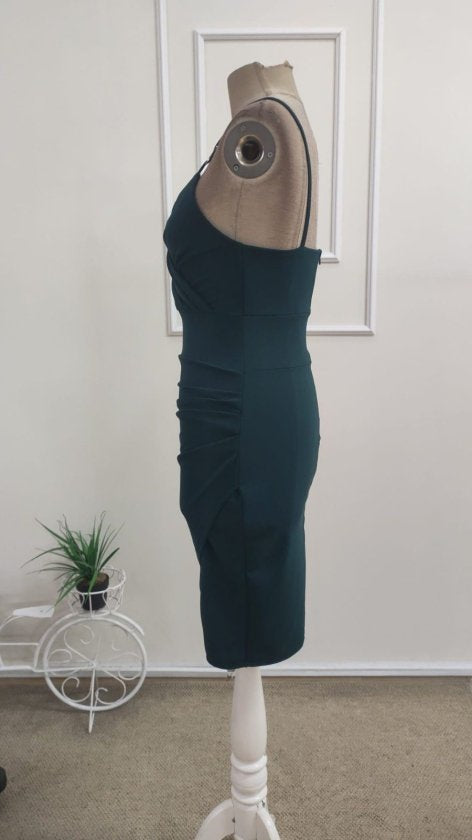 Rochie scurtă de damă, import, din crep, cu bretele subțiri, decolteu în inimă petrecut, cu croială asimetrică în față, 34988
