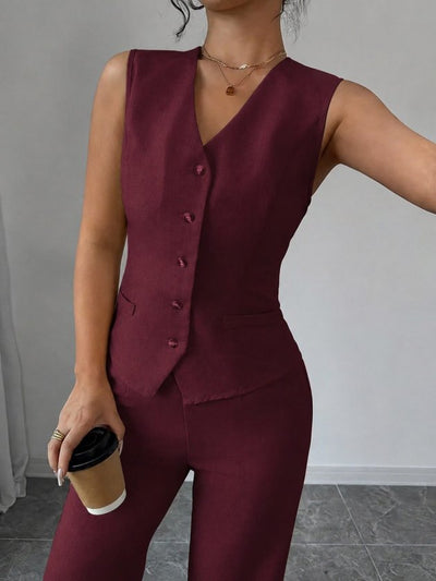 Set de damă din două piese, cu bluză cu bretele și nasturi în față și pantaloni din in, 36010