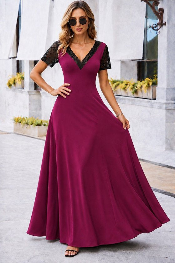 Rochie lungă de damă cu mânecă scurtă, decolteu în V și janjan crep, 35318