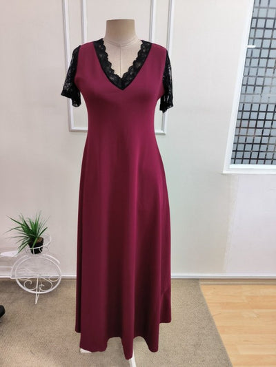 Rochie lungă de damă cu mânecă scurtă, decolteu în V și janjan crep, 35318