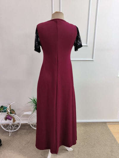 Rochie lungă de damă cu mânecă scurtă, decolteu în V și janjan crep, 35318