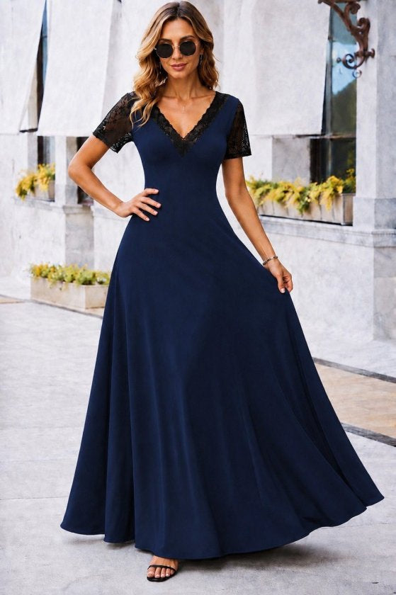 Rochie lungă de damă, crep janjan, mânecă scurtă, decolteu în V, 35319