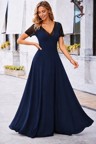 Rochie lungă de damă, crep janjan, mânecă scurtă, decolteu în V, 35319
