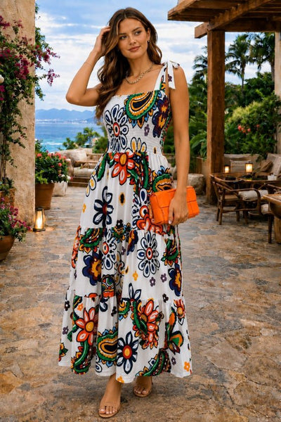 Rochie lungă cu imprimeu, cu bretele și detaliu elastic la bust, pentru femei, 35066