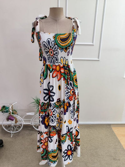 Rochie lungă cu imprimeu, cu bretele și detaliu elastic la bust, pentru femei, 35066