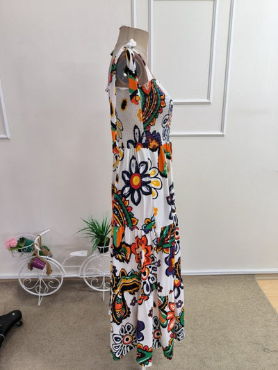 Rochie lungă cu imprimeu, cu bretele și detaliu elastic la bust, pentru femei, 35066