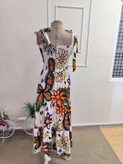 Rochie lungă cu imprimeu, cu bretele și detaliu elastic la bust, pentru femei, 35066
