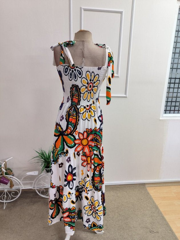 Rochie lungă cu imprimeu, cu bretele și detaliu elastic la bust, pentru femei, 35066