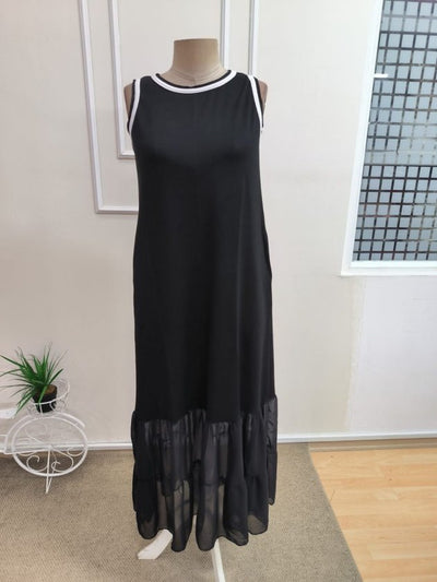 Rochie de damă lungă din viscoză, cu două fire, cu bretele, guler rotund și detalii din șifon la tiv, 35079