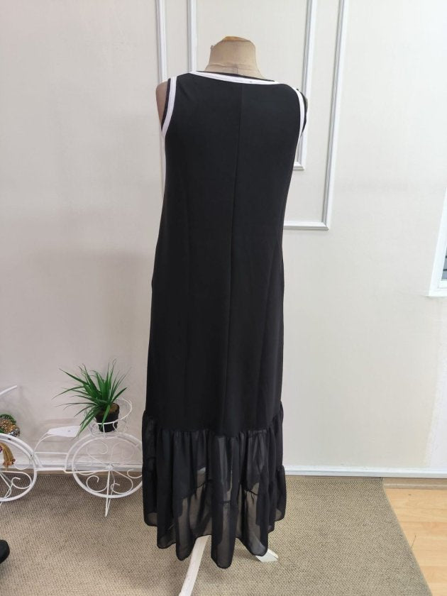 Rochie de damă lungă din viscoză, cu două fire, cu bretele, guler rotund și detalii din șifon la tiv, 35079