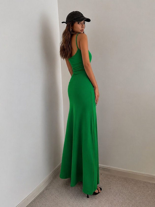 Rochie lungă de damă tip sandy, cu bretele subțiri și guler rotund, 35093