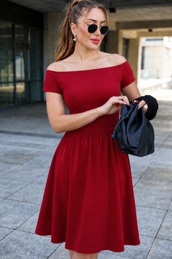 Rochie Damă Crep Janjan Scurtă cu Mânecă Scurtă, Guler Madonna, 38148