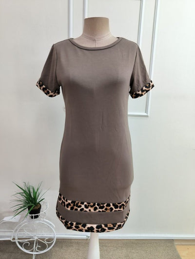Rochie scurtă de damă, cu mânecă scurtă, guler rotund, detalii cu bandă leopard, din modal, 35125