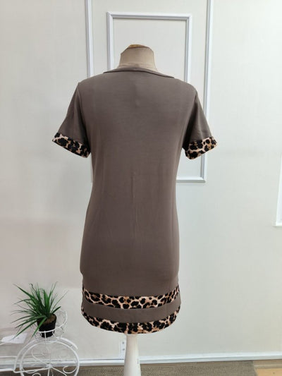 Kadın Kısa Kollu Bisiklet Yaka Leopar şerit Detaylı Kısa Modal Elbise, 35125