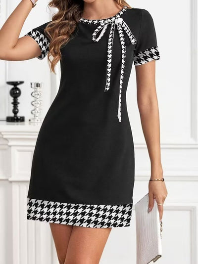 Rochie Scurtă din Janjan pentru Femei, Mâneci Scurte, Guler cu Șiret, Model Pied-de-Poule, 35138