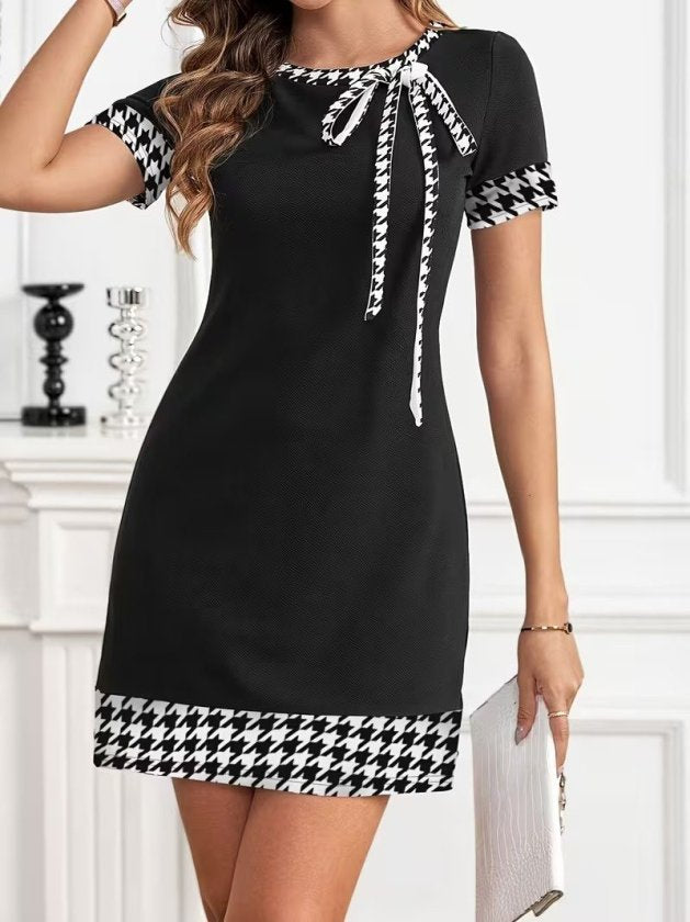 Rochie Scurtă din Janjan pentru Femei, Mâneci Scurte, Guler cu Șiret, Model Pied-de-Poule, 35138