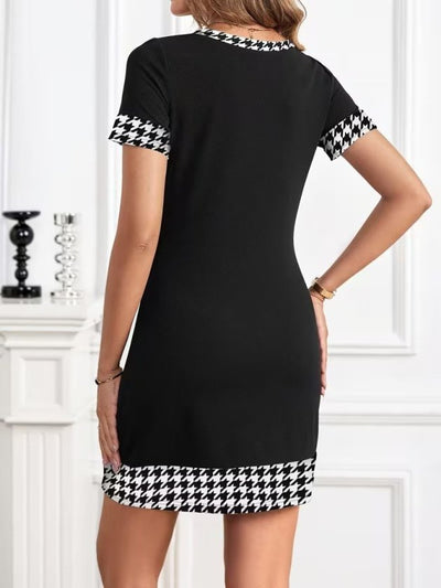 Rochie Scurtă din Janjan pentru Femei, Mâneci Scurte, Guler cu Șiret, Model Pied-de-Poule, 35138
