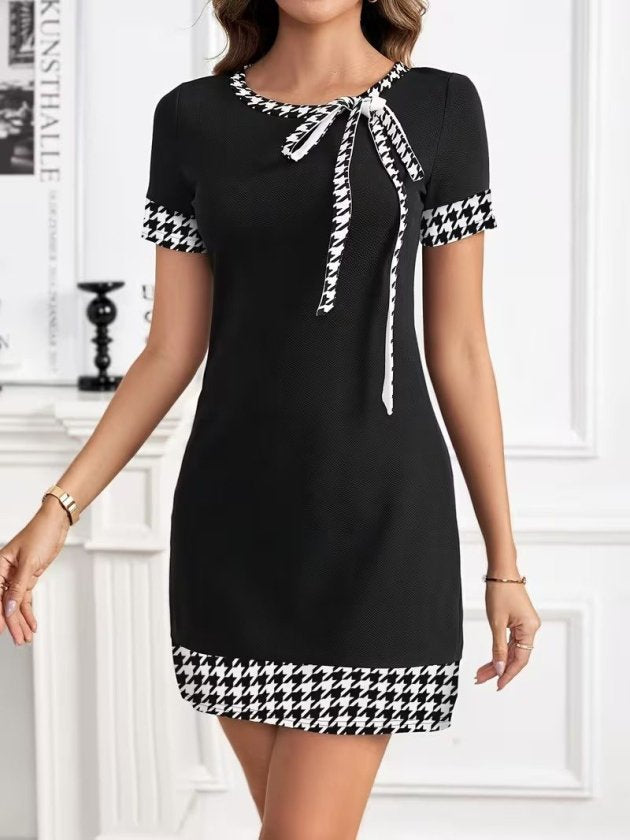 Rochie Scurtă din Janjan pentru Femei, Mâneci Scurte, Guler cu Șiret, Model Pied-de-Poule, 35138