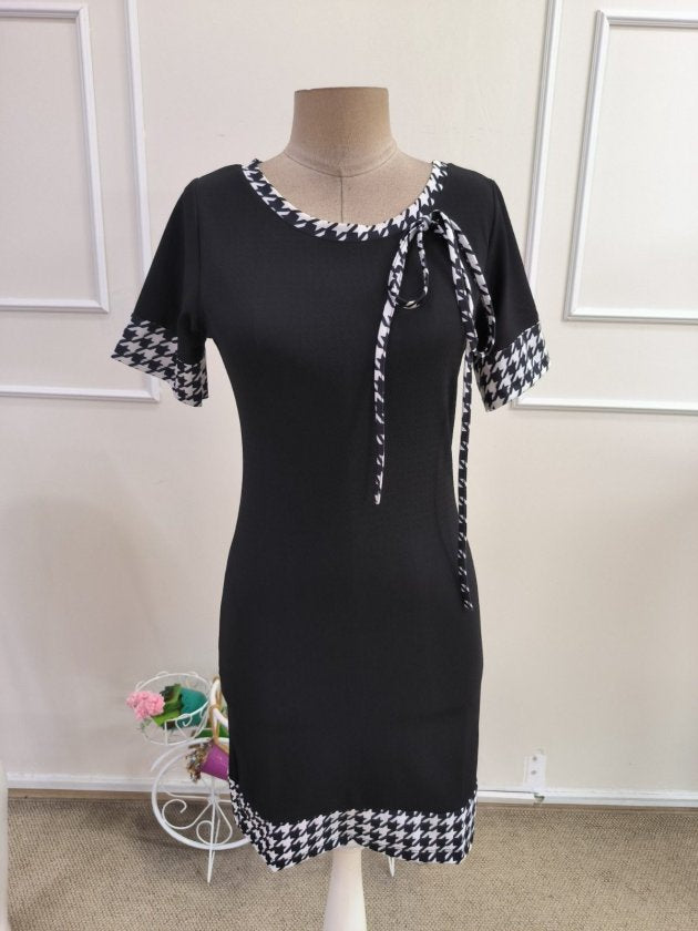 Rochie Scurtă din Janjan pentru Femei, Mâneci Scurte, Guler cu Șiret, Model Pied-de-Poule, 35138