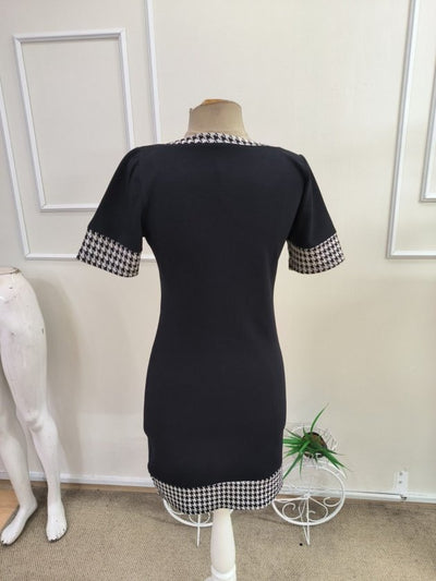 Rochie Scurtă din Janjan pentru Femei, Mâneci Scurte, Guler cu Șiret, Model Pied-de-Poule, 35138