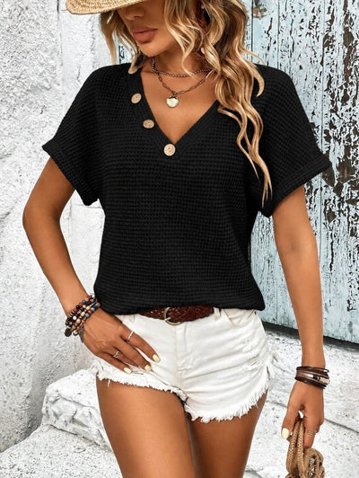 Bluza din tricot cu mânecă scurtă, guler V, cu nasturi, 36661