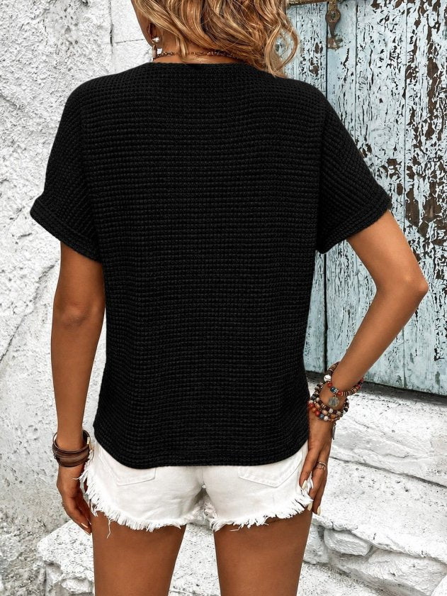 Bluza din tricot cu mânecă scurtă, guler V, cu nasturi, 36661