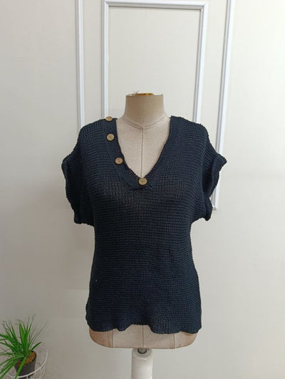 Bluza din tricot cu mânecă scurtă, guler V, cu nasturi, 36661