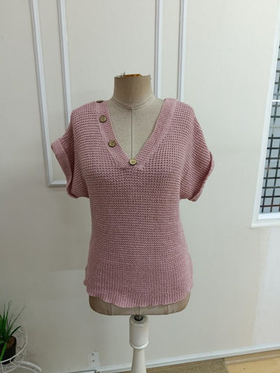 Kadın Kısa Kollu V Yakalı Düğmeli Triko Bluz, 36662
