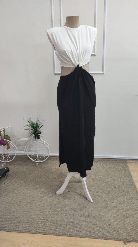 Rochie Lungă din Crepon Janjan cu Două Culori pentru Femei, Umeri Înalți, Guler Rotund, Deschis pe Laturi, Căptușit, 35167