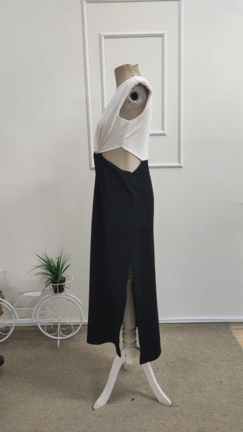 Rochie Lungă din Crepon Janjan cu Două Culori pentru Femei, Umeri Înalți, Guler Rotund, Deschis pe Laturi, Căptușit, 35167