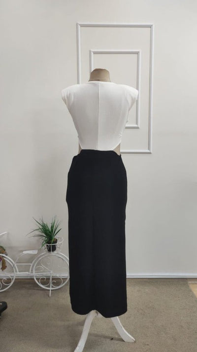 Rochie Lungă din Crepon Janjan cu Două Culori pentru Femei, Umeri Înalți, Guler Rotund, Deschis pe Laturi, Căptușit, 35167