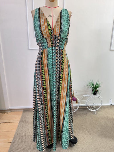 Rochie Lungă din Suprem pentru Femei, Atârnată, Guler V Adânc, Decolte, Model Imprimat, 35179