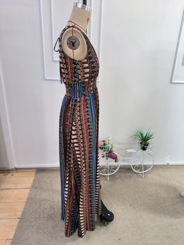 Rochie lungă de damă, cu bretele subțiri, decolteu adânc în V, imprimeu, material din jerseu fin, 35180