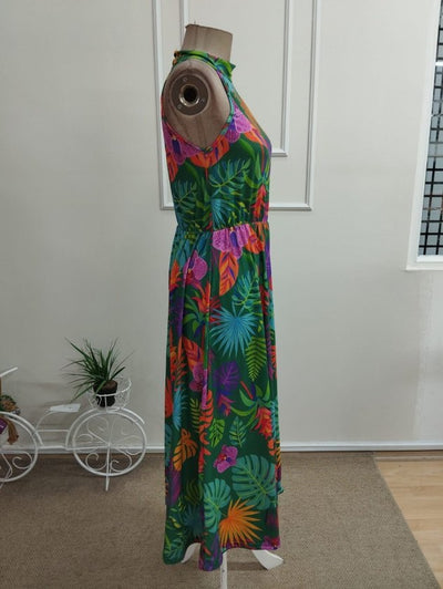 Rochie maxi damă, din jerseu, cu umeri decoltați și decolteu rotund, cu imprimeu, 35186