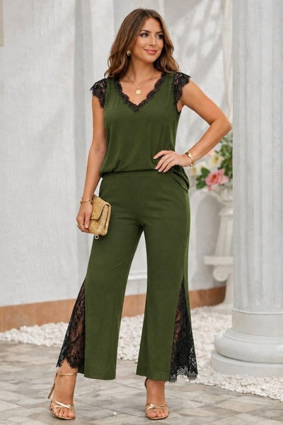 Compleu din două piese, bluză damă cu mânecă scurtă, guler în V și dantelă, și pantaloni, Sandy, 35201