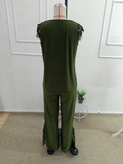 Compleu din două piese, bluză damă cu mânecă scurtă, guler în V și dantelă, și pantaloni, Sandy, 35201