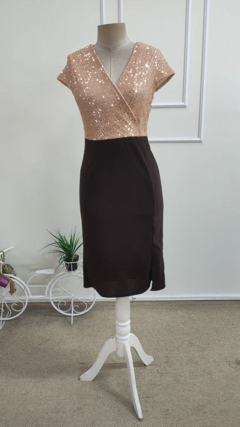 Rochie Midi din Crep de import pentru femei cu mâneci scurte, guler incrucișat, detaliu strălucitor, 37290