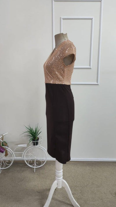 Rochie Midi din Crep de import pentru femei cu mâneci scurte, guler incrucișat, detaliu strălucitor, 37290